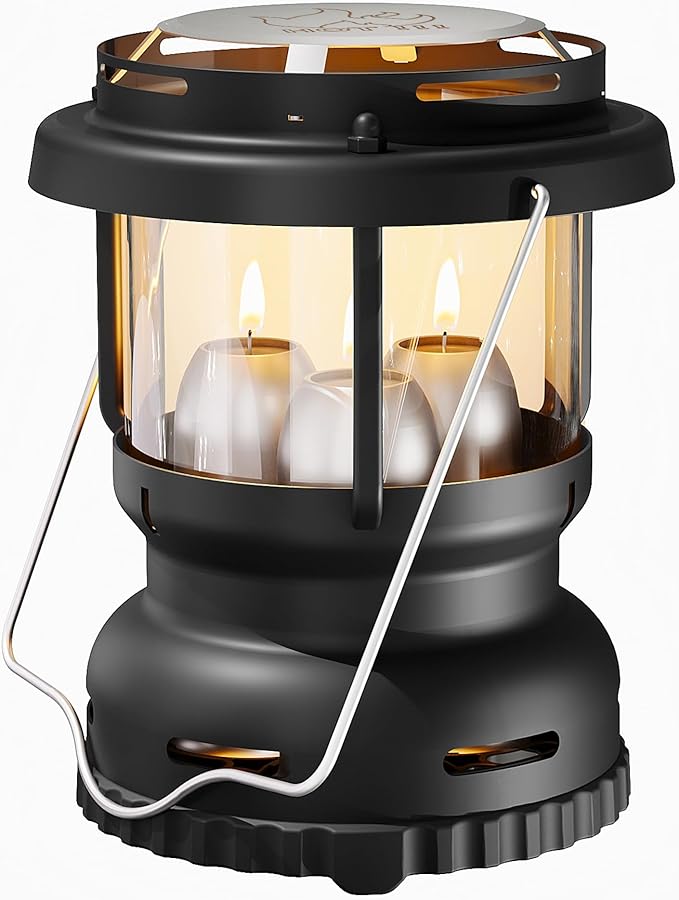 3-Wick Emergency Candle Lantern for Power Outages [18H+ Burning Time] Vintage Decorative Candle Lantern for Real Candles, Outdoor Portable Camping Survival Lighting [7.1"*5.7" - Matte Black]-CasaMuseHome