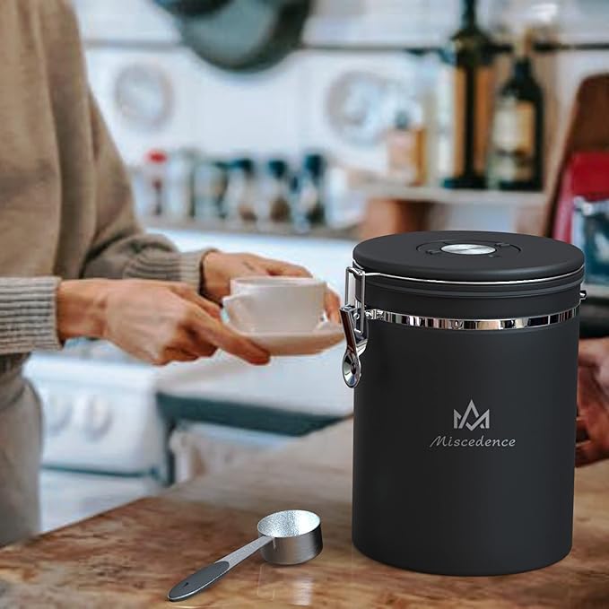 35OZ Coffee Canister for ground coffee with Date Tracker,One Way Co2 Valve 304 Stainless Steel Kitchen Food Airtight storage container for Coffee Beans or Grounds, Sugar Black-CasaMuseHome