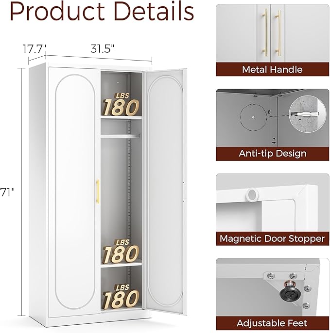 71" White Wardrobe Closet with 2 Doors, Metal Armoire Wardrobe Cabinet with Hanging Rod and Adjustable Shelves, Clothing Storage Cabinets for Bedroom, Laundry Room, Home Office-CasaMuseHome