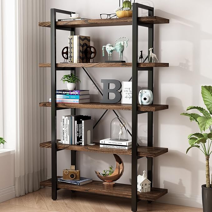 5-Tier Industrial Style Solid Wood Bookcase and Book Shelves,Rustic Wood and Metal Shelving Unit， Living Room,Modern Rustic Open Industrial Book Shelf Office,Distressed Brown (AY-02-5Tier)-CasaMuseHome