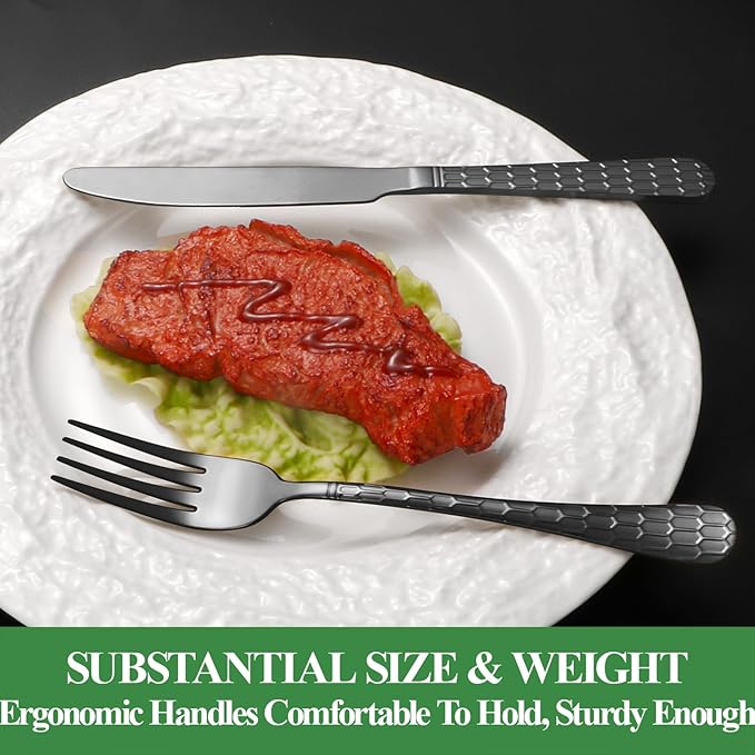 20 Pcs Black Silverware Set for 4 with Water Cube Handle design, Food Grade Stainless Steel Flatware Set, Eating Utensils Sets Include Fork/Knife/Spoon, Reusable Cutlery Set, Dishwasher Safe-CasaMuseHome