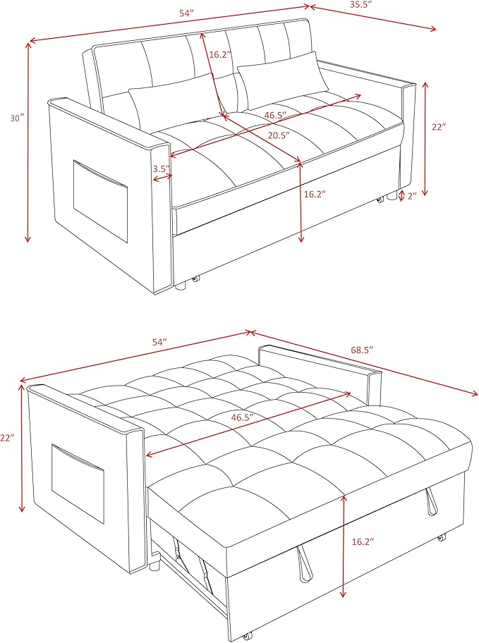 3 in 1 Convertible Sleeper Sofa Bed, Couch with Pull Out Bed with Side Pocket, Convertible Love Seat Sleepers Couch for Living Room, Bedroom, Black-CasaMuseHome