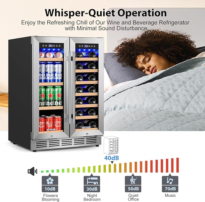 24 Inch Dual Zone Wine and Beverage Refrigerator, Built-in or Freestanding Cooler with French Doors, Drink Fridge with Upgraded Compressor for Beer, Wine, and Soda-CasaMuseHome