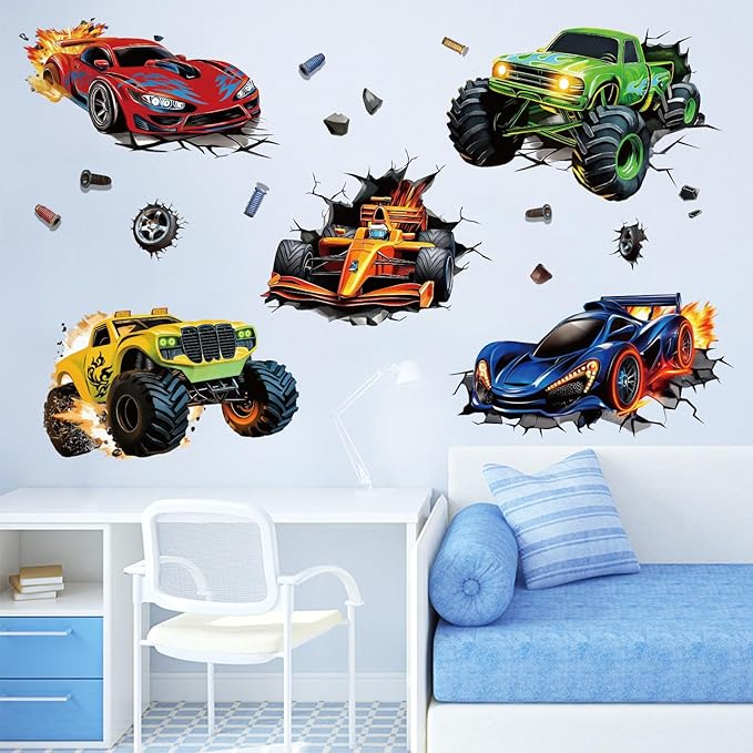 3D Racing Cars Wall Decals - Truck Bursting Through Wall, F1 Racing Cars Wall Stickers for Kids Room Boys Bedroom-CasaMuseHome