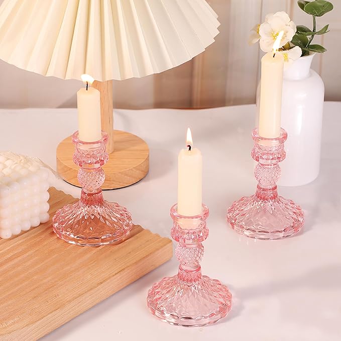 12Pcs Pink Candlestick Holders Set- 4" H Taper Candle Holders Bulk, Glass Candle Holders for Wedding, Party, Romantic Dinner Table Centerpieces, Festival Gifts & Windowsill Decor-CasaMuseHome