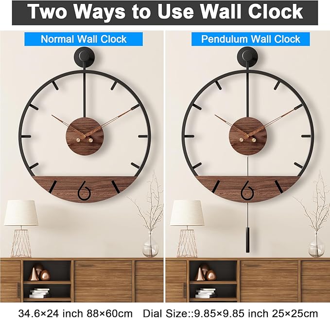 34.6×24 Inch Large Modern Decorative Pendulum Wall Clock,Big Metal Farmhouse Oversized Silent Wall Clocks Minimalist Elegant Walnut Dial Pointers for Living Room,Office,Dining Room Decor-CasaMuseHome