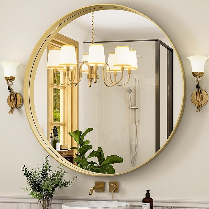 30 Inch Round Bathroom Mirror - Wall Mounted Circle Mirror with Metal Frame, Modern Mirror Suitable for Bathroom, Vanity, Entryway, Living Room, Wall Decor,Gold-CasaMuseHome