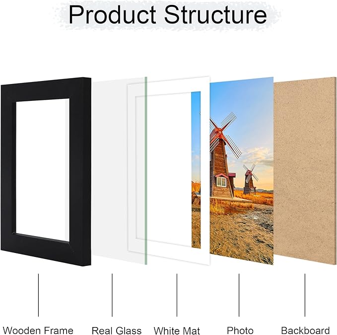 5x7 Picture Frame Set of 4, 5 x 7 Wood Photo Frames with Mat for 4x6, Wooden Frame with Real Glass Cover for Wall and Tabletop Display,Black-CasaMuseHome