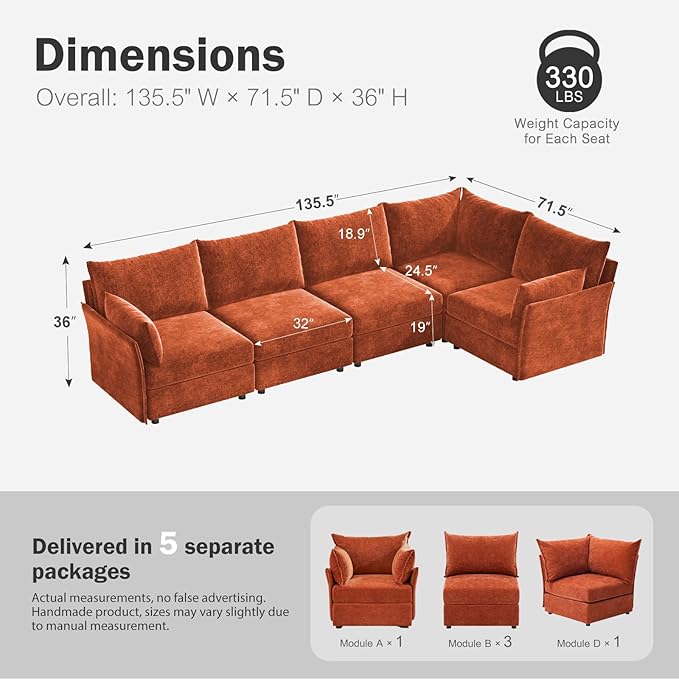 135.5" Oversized Modular Sectional Sofa, L Shaped Convertible Couch with Movable Ottoman, 5 Seat Corner Couches for Living Room Deep Seat Terracotta Orange Chenille-CasaMuseHome