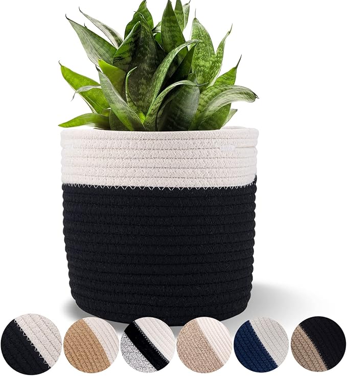 6.5 inch Planter Baskets for Indoor Planters Cotton Rope Flower Plant Pots Cover,Woven Storage Baskets for Crafts,Organization Modern Home Decor H6 3/4" x W6 1/2" Black&White-CasaMuseHome