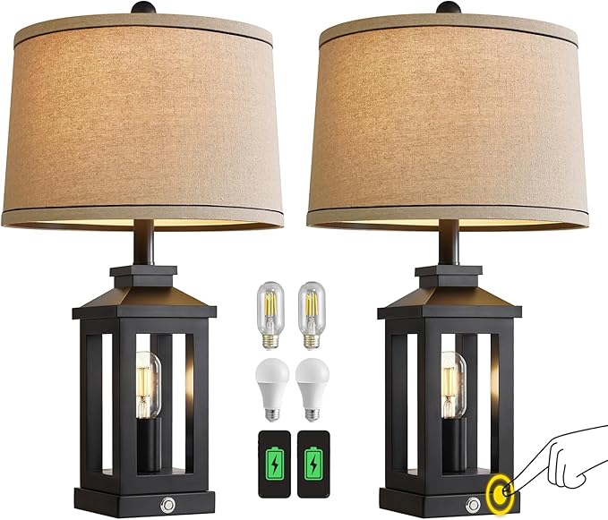 23.75" Retro Farmhouse Black Table Lamp for Living Room Bedroom Nightstand Set of 2 Touch Control Bedside Nightlight Vintage Modern Lamp with USB C+A Ports and 2 Light Sources-CasaMuseHome