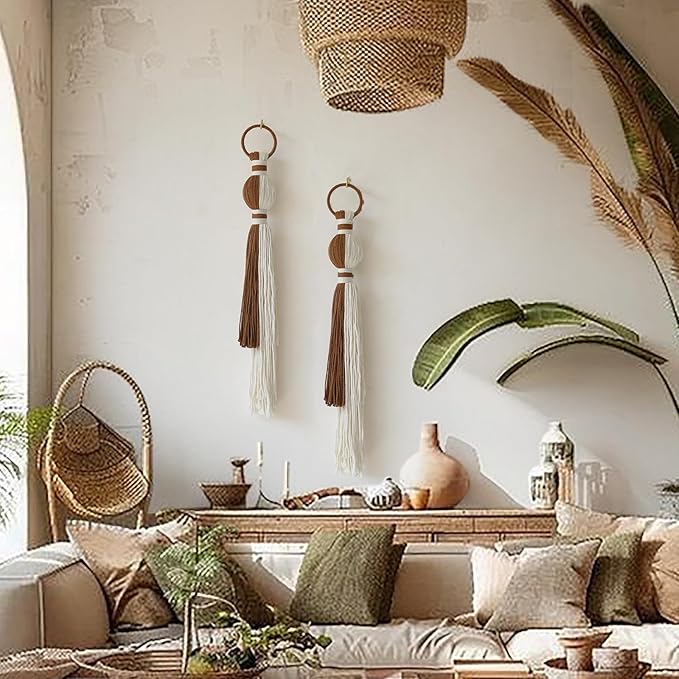 2Pcs Macrame Wall Hanging Boho Home Decor Fiber Art with Sphere Knots Tassels Handmade Yarn Art for Bedroom Living Room Office Entryway-CasaMuseHome