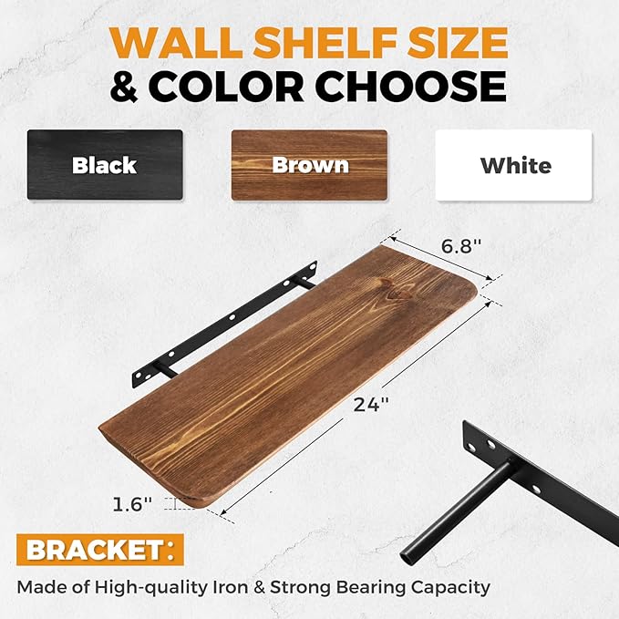 24"x6.8"x1.6" Slanted Floating Wall Shelves 2-Pack - Rustic Brown Finish, Heavy-Duty Solid Wood Design with Hidden Brackets - Perfect for Living Room, Kitchen, Bathroom, or Office-CasaMuseHome