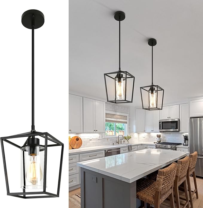 2 Pack 1-Light Black Pendant Lights for Kitchen Island, Farmhouse Metal Pendant Light Iron Cage Hanging Light Fixtures with Clear Glass Shade for Dining Room, Entryway, Hallway, Foyer-CasaMuseHome