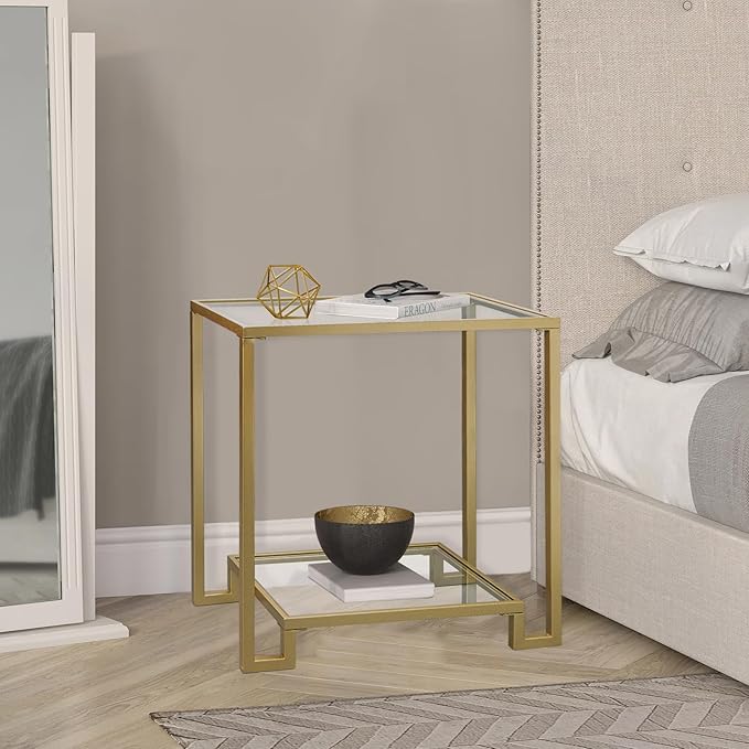 2 Tier Rectangular Side Table, Gold End Table with Glass Top, Modern Metal Clear Coffee Table，Small Accent Table for Living Room, Bedroom, 22" x 12.4" x 24"-CasaMuseHome