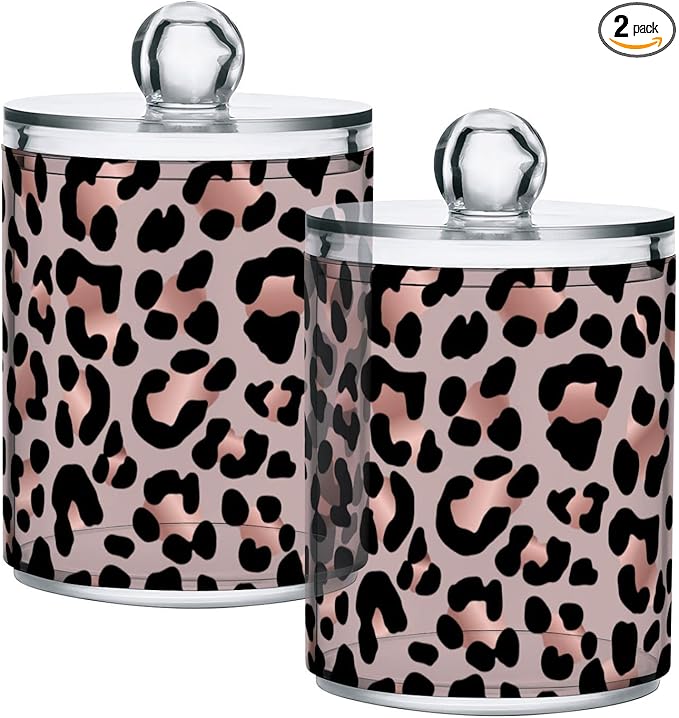 2 Pack Qtip Holder Dispenser Rose Gold Black Leopard Bathroom Storage Canister Lid Acrylic Plastic Apothecary Jar Set Vanity Makeup Organizer for Cotton Swab/Ball/Round Pads, Floss-CasaMuseHome