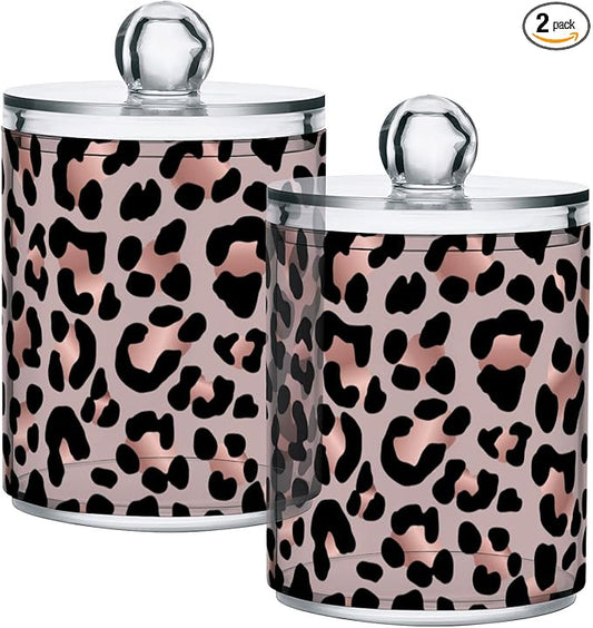 2 Pack Qtip Holder Dispenser Rose Gold Black Leopard Bathroom Storage Canister Lid Acrylic Plastic Apothecary Jar Set Vanity Makeup Organizer for Cotton Swab/Ball/Round Pads, Floss-CasaMuseHome