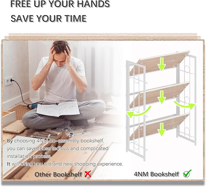 4NM No Assembly 3 Tiers Folding Bookshelf, 35" H Foldable Storage Shelves Vintage Bookcase Standing Racks Study Organizer Home Office - Natural White-CasaMuseHome
