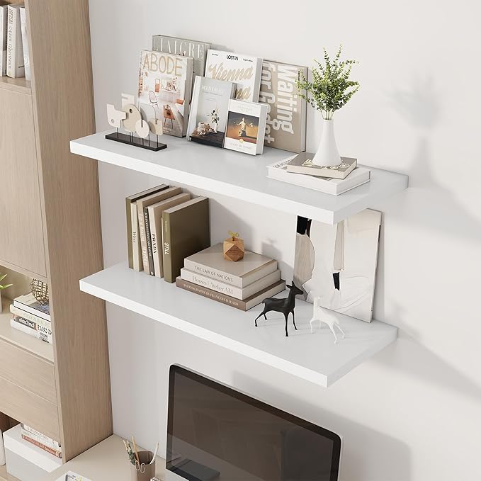 36" Floating Shelves for Wall, 12" Deep Slim White Floating Shelves, Wall-Mounted Shelves for Bedroom, Living Room, Kitchen, Bathroom - Set of 2-CasaMuseHome