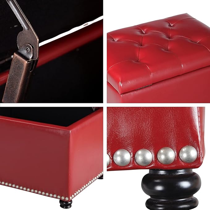 24'' Leather Storage Ottoman Rectangular Foot Rest Stool with Nailhead Trim for Bedroom Living Room(Red)-CasaMuseHome