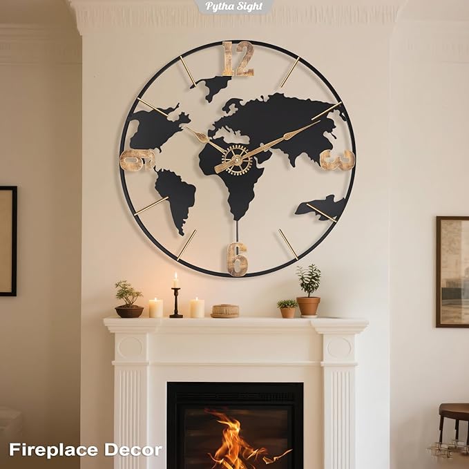 22 Inch Large Wall Clock,Modern Decorative Big World Map with Vintage Gold Arabic Numeral Extra Giant Metal Oversized Wall Clocks for Living Room,Office,Kitchen,Dining Room,Bedroom-CasaMuseHome