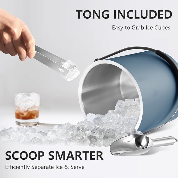 3L Ice Bucket with Silicone Lid, Scoop, Tongs & Strainer, Stainless Steel Double Wall Insulated Ice Buckets for Parties & Cocktail Bar, Outdoor Champagne Ice Container Bin, Navy-CasaMuseHome