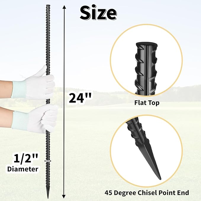 24 Inches Straight Rebar Stakes(20-Pack), 1/2" Diameter Steel Metal Stakes for Garden with Chisel Point End Heavy Duty Ground Anchors for Landscape, Concrete Form, Camping & Trapping Black-CasaMuseHome