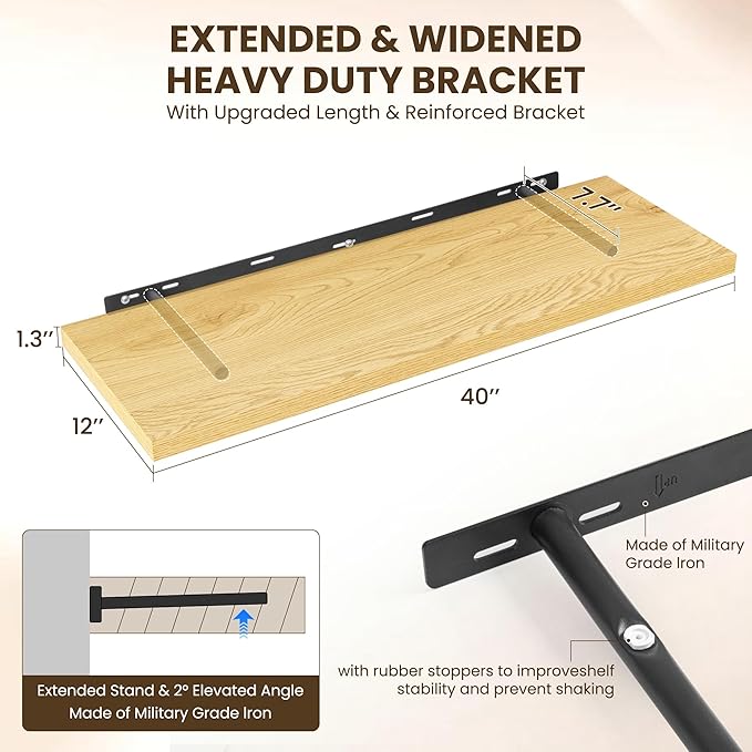 40" Floating Shelves for Wall, 12" Deep Slim Oak Floating Shelves, Wall-Mounted Shelves for Bedroom, Living Room, Kitchen, Bathroom - Set of 2-CasaMuseHome