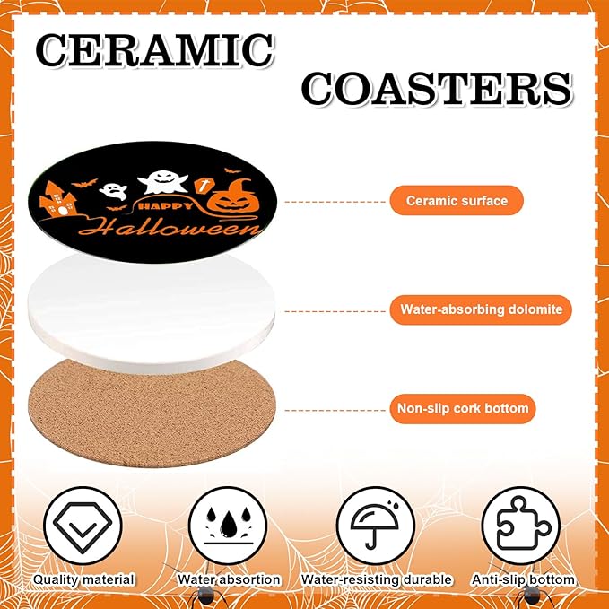 4Pcs Halloween Coasters Orange Black Round Ceramic Coaster Trick or Treat Heat-Resistant Cup Mats for Wooden Table Protection Home Party Supplies-CasaMuseHome