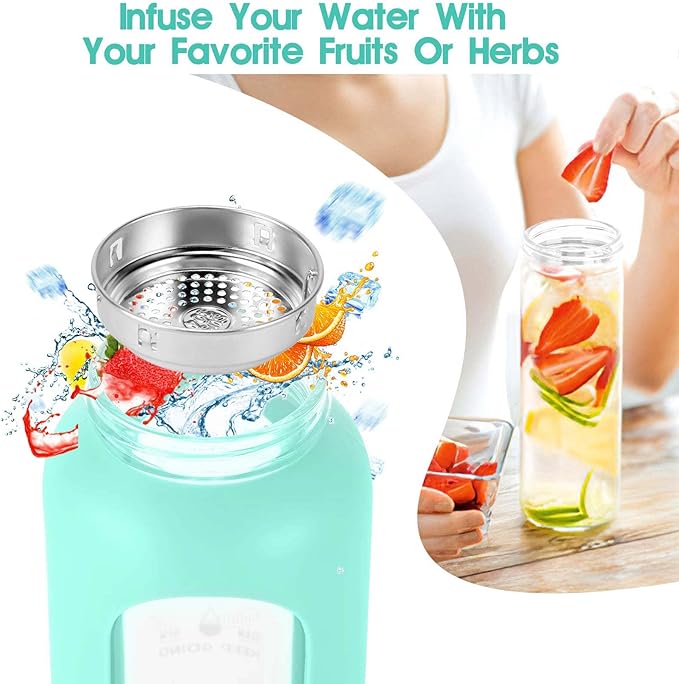 32 oz Glass Water Bottle with Straw - Motivational Time Marker & Silicone Sleeve - Reusable Tumbler Includes 2 Bamboo Lids & Fruit Infuser - 1 Pack-CasaMuseHome
