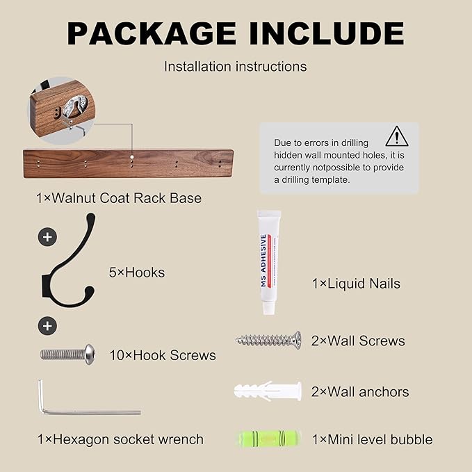 2 Pack 17.3" Small Wooden Coat Rack Wall Mounted with 5 Hooks, Entryway Wall Hooks Coat Hanger for Hanging Towel Clothes Hat Backpack Shoe Purse Key Holder Multi Hook Rail by Black Walnut Wood-CasaMuseHome