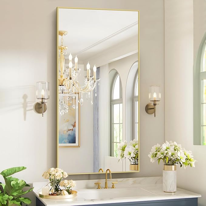 48x24In Gold Bathroom Mirror for Wall, Brushed Gold Rectangle Mirrors with Metal Frame, Bathroom Rectangular Mirror Modern Wall Mirror for Bedroom Living Room, Hangs Horizontal or Vertical-CasaMuseHome