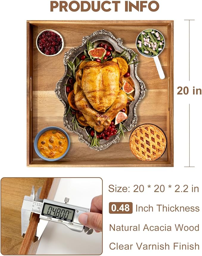 20 Inches Square Acacia Wood Ottoman Tray, Extra Large Wooden Serving Tray with Handles for Living Room, Serving Food Breakfast, Ottoman Coffee Table Couch Sofa Kitchen-CasaMuseHome