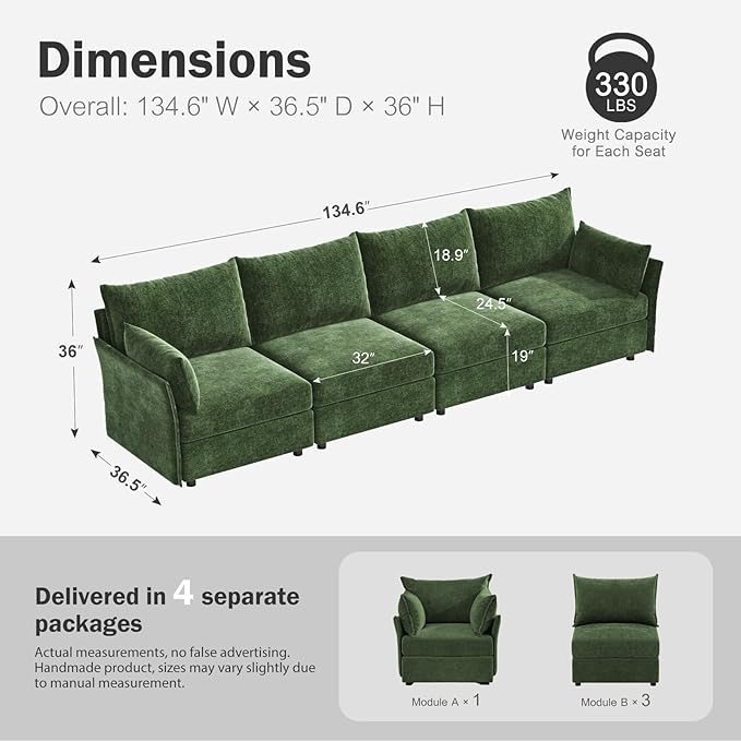 134.6" Modular Sectional Sofa, Oversized 4 Seater Green Couch with Removable Chenille Fabric Cover, Deep Seat & High Backrest for Living Room, Office & Apartment-CasaMuseHome