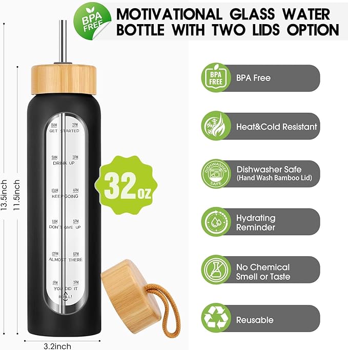 32 oz Glass Water Bottle with Straw - Motivational Time Marker & Silicone Sleeve - Reusable Tumbler Includes 2 Bamboo Lids & Fruit Infuser - 1 Pack-CasaMuseHome
