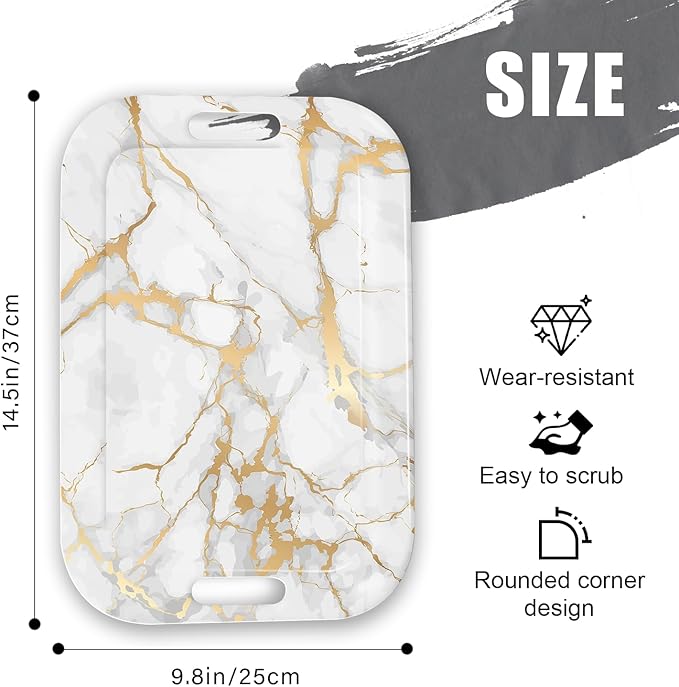 Serving Trays with Handles, 14.5 x 9.8 inch Rectangular Plastic Tray for Restaurant, Kitchen, Golden White Marble-CasaMuseHome