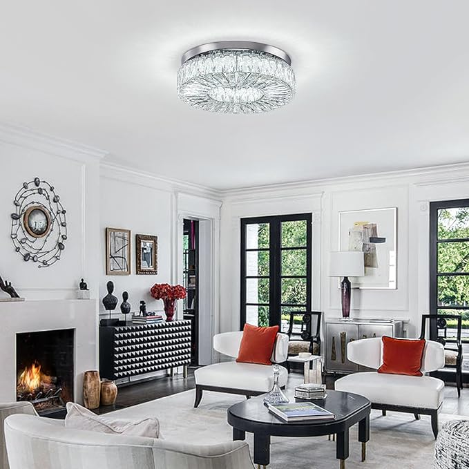16.5" Crystal Chandelier LED Modern Flush Mount Ceiling Light Fixtures Round Ring Luxury Large Chandelier for Living Room Bedroom Dining Room Entrance (Cool white-16.5")-CasaMuseHome