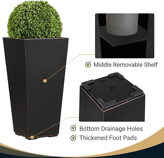 26 Inch Planter Tall Tapered Planter for Front Porch, Patio, Deck, Garden Indoor/Outdoor Tree Planters, Set of 4, Black with Copper Hand Brushed Rim-CasaMuseHome