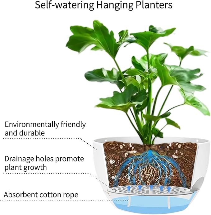 2 Pack Hanging Planters for Indoor Outdoor Plants, 8 Inch Self Watering Hanging Pot with Drainage Holes and Saucer, Plastic Plant Pots, White Flower Pots for Kitchen, Balcony, Garden-CasaMuseHome