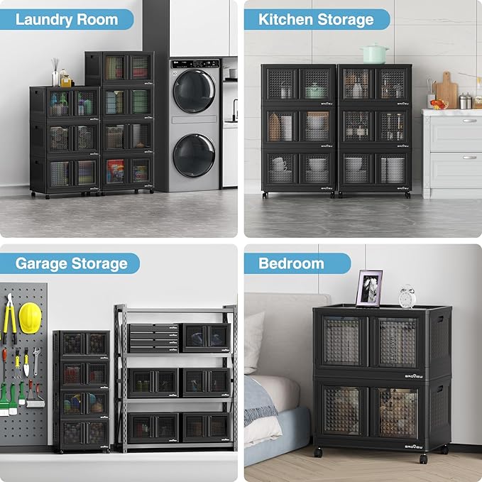 300Qt Stackable Storage Bins with Lids, 75Gal Closet Organizers and Storage Drawer, Plastic Collapsible Storage Bins with Doors, Heavy Duty Store Box Cabinet for Home Kitchen, 3Pack Black-CasaMuseHome