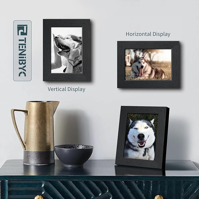 5x7 Picture Frame 3 Pack - Black Woodgrain, Solid Wood & HD Tempered Glass, Table Display or Wall Hanging-CasaMuseHome