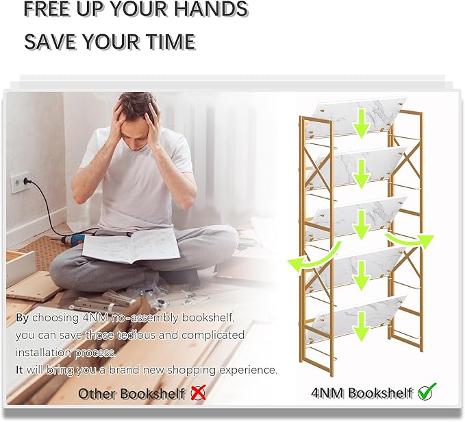 4NM 5 Tiers No Assembly Book Shelves, 51.2" H Folding Bookshelf Bookcase Open Industrial Foldable Shelves for Bedroom, Living Room, Home Office - White Gold-CasaMuseHome