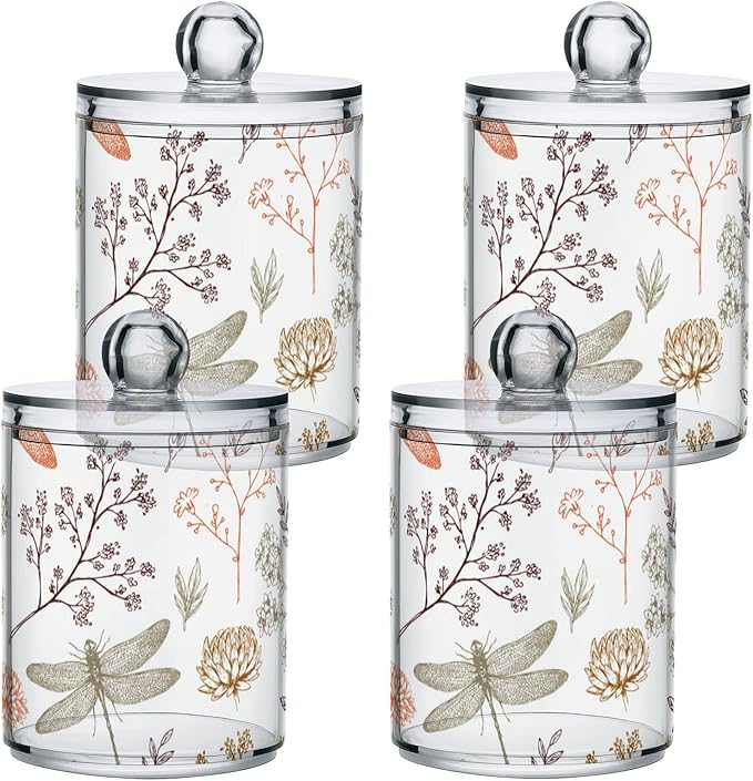2 Pack Qtip Holder Organizer Dispenser Dragonfly Pattern Bathroom Storage Canister Cotton Ball Holder Container for Cotton Swabs/Pads/Floss-CasaMuseHome