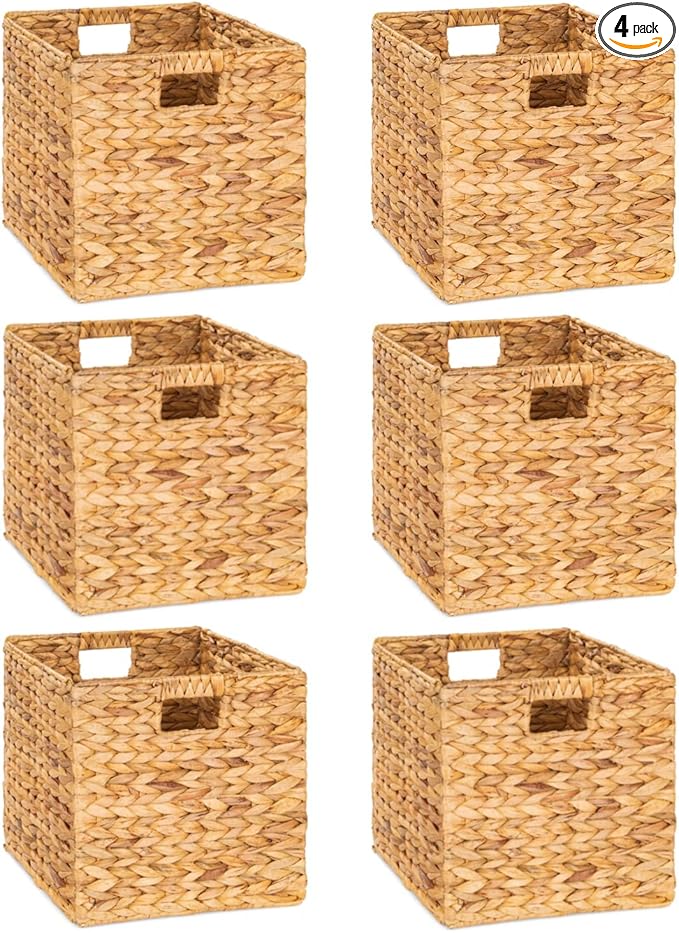 12 x 12in Water Hyacinth Storage Baskets, Wicker Storage Baskets for Shelves, Woven Baskets for Storage, Wicker Storage Basket for Bedroom, Living Room, Nursery Room (Natural 6 Packs 12x12in)-CasaMuseHome
