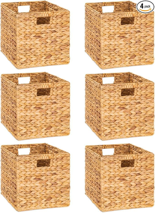 12 x 12in Water Hyacinth Storage Baskets, Wicker Storage Baskets for Shelves, Woven Baskets for Storage, Wicker Storage Basket for Bedroom, Living Room, Nursery Room (Natural 6 Packs 12x12in)-CasaMuseHome