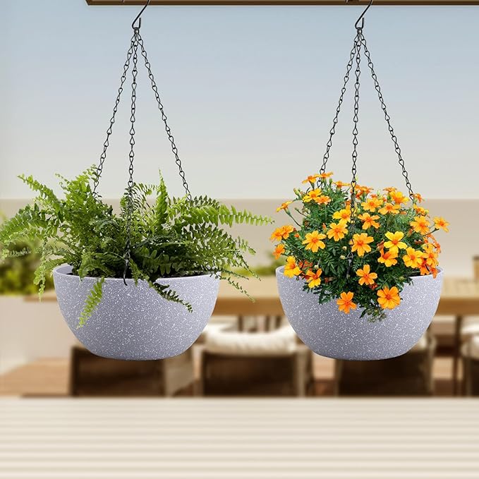 8 inch Small Hanging Planters for Indoor Outdoor Plants, 2 Pack Hanging Flower Pots with Drainage Holes and Chain for Garden Porch, Plastic Hanging Baskets for House Plants, Speckled Grey-CasaMuseHome