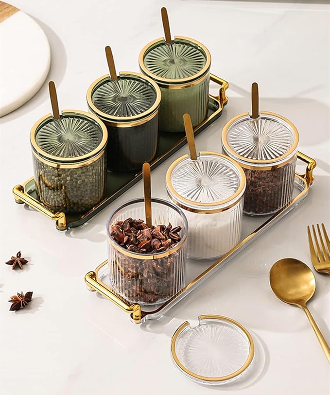 Acrylic Condiment Spice Jars,Condiment Spice Box With Lids and Spoons and Tray,Clear Plastic Condiment Canisters,Seasoning Box 4 Pack,Seasoning Box Set for Kitchen to Storage Salt,Paprika,Sugar-CasaMuseHome