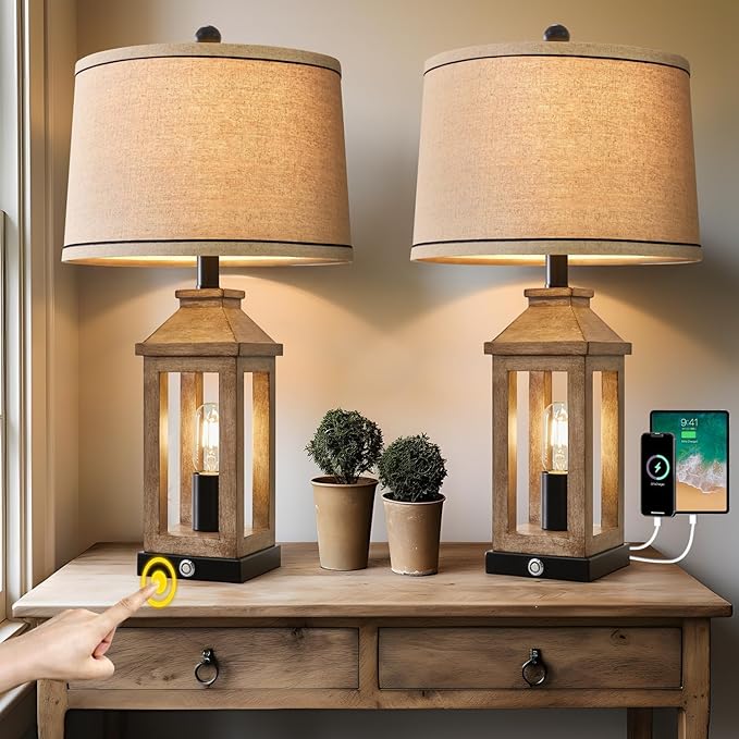 23.75" Farmhouse Dual USB Charging Ports 3-Way Dimmable Touch Control Table Lamp with Nightlight Vintage Modern Lamps for Living Room Bedroom-CasaMuseHome