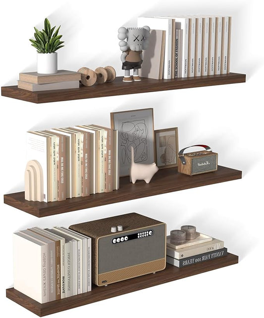 48 Inch Floating Shelf 3 Pack Large Floating Shelves for Wall No Drilling Accessories Included Deep Wall Shelves for Living Room Kitchen Farmhouse 48" W x 12" D x 1.2" Walnut-CasaMuseHome