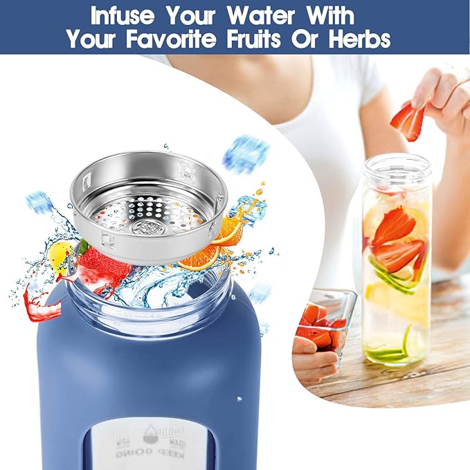 32 oz Glass Water Bottle with Straw - Motivational Time Marker & Silicone Sleeve - Reusable Tumbler Includes 2 Bamboo Lids & Fruit Infuser - 1 Pack-CasaMuseHome